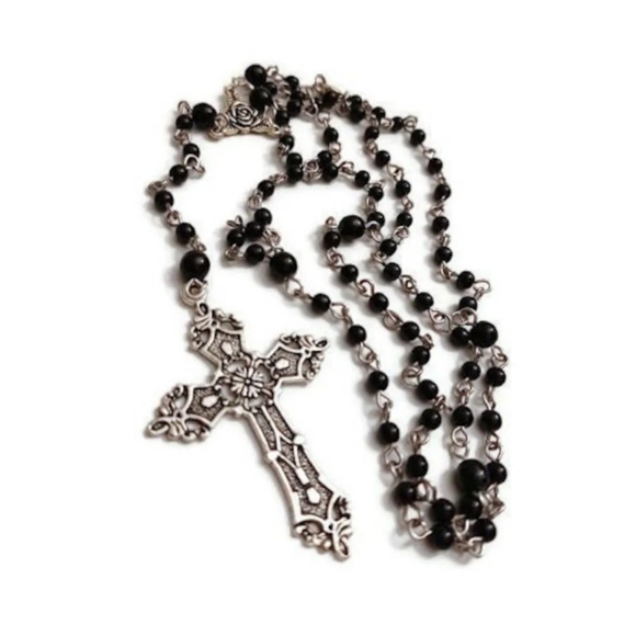 Gothic Victorian Black & Silver Rosary HAND MADE by Vexed Jewelry Goth Necklace - Picture 4 of 4